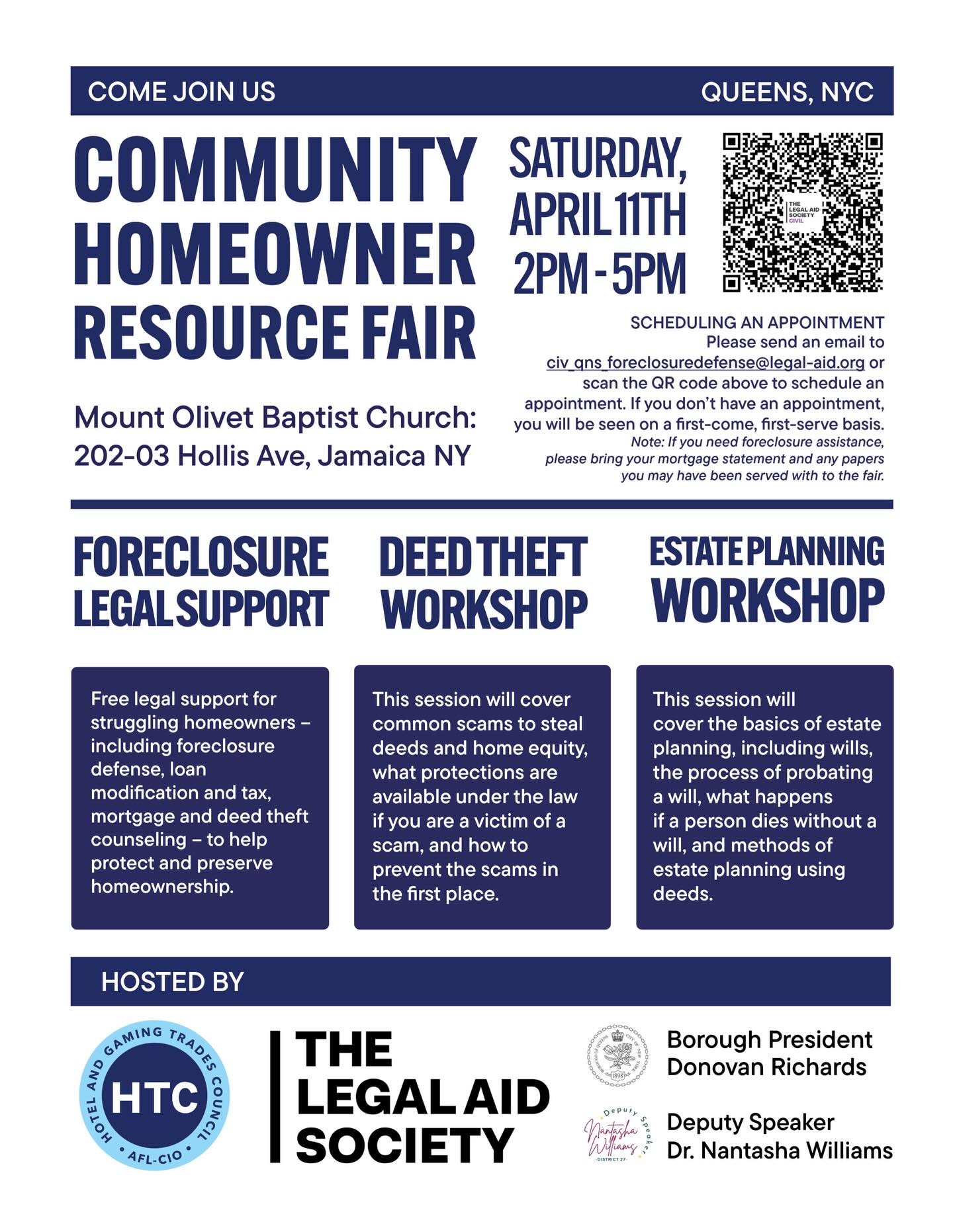 PROTECT YOUR HOME. PROTECT YOUR FUTURE.

The Urban League of Long Island is proud to support initiatives that keep our communities informed, empowered, and protected.

Join us at the Community Homeowner Resource Fair in Queens for a powerful day of education, resources, and REAL support for homeowners.

Whether you’re facing foreclosure, concerned about deed theft, or planning your family’s future through estate planning this event is for YOU.

Get access to:
FREE legal support
Expert guidance on foreclosure prevention
Protection against deed theft scams
Estate planning tools to secure your legacy

Mount Olivet Baptist Church, Jamaica, NY
Saturday, April 11th
2PM – 5PM

At the Urban League of Long Island, we are committed to making sure our communities have the knowledge and resources needed to thrive, because informed communities are empowered communities.

Don’t wait until it’s too late show up, get informed, and take control of your future.

#CommunityFirst #HomeownershipMatters #UrbanLeague #ProtectYourAssets #QueensNYC FinancialEmpowerment